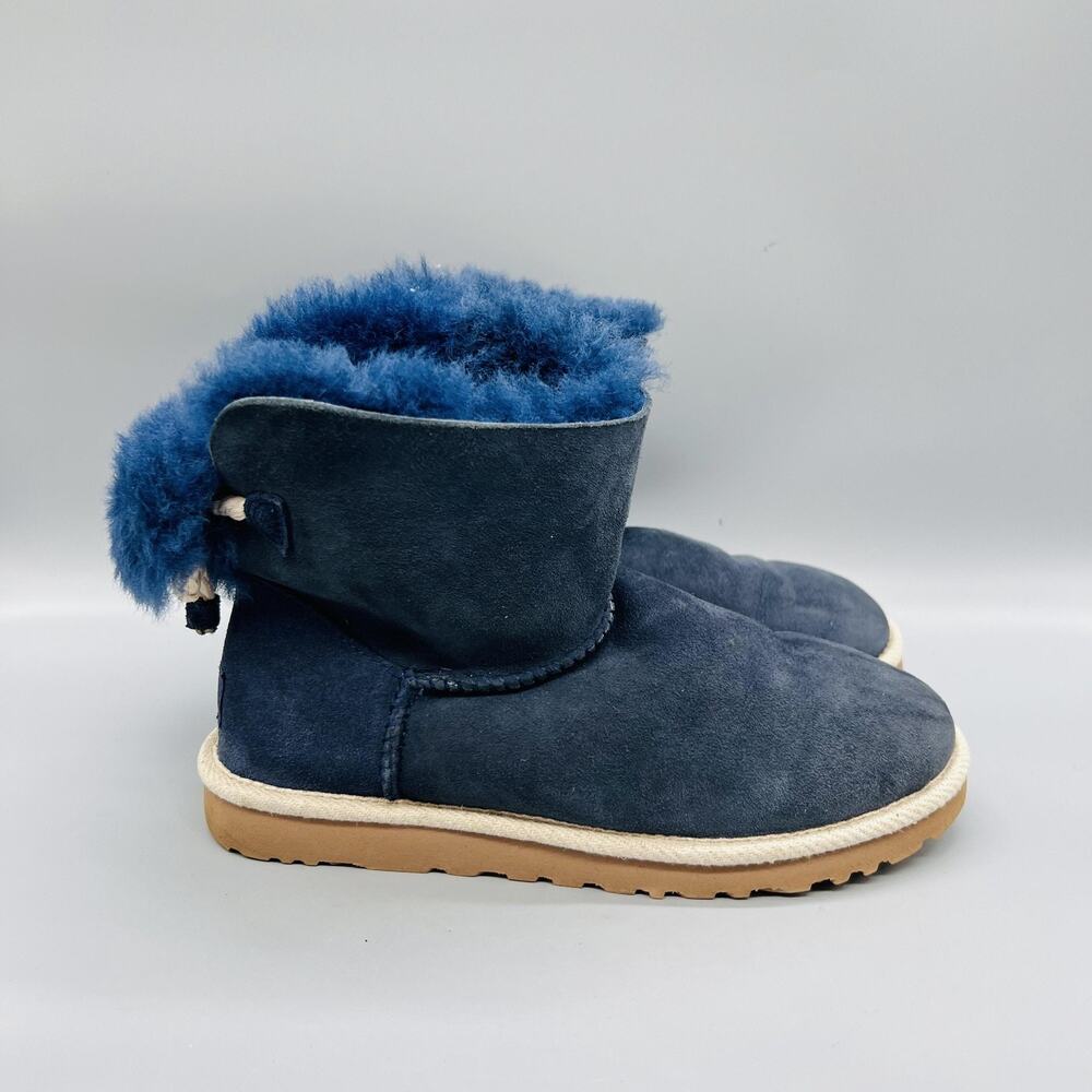 UGG Boots Women 6 Blue Suede Shearling Pom Pom Ankle Winter Booties Casual Shoes